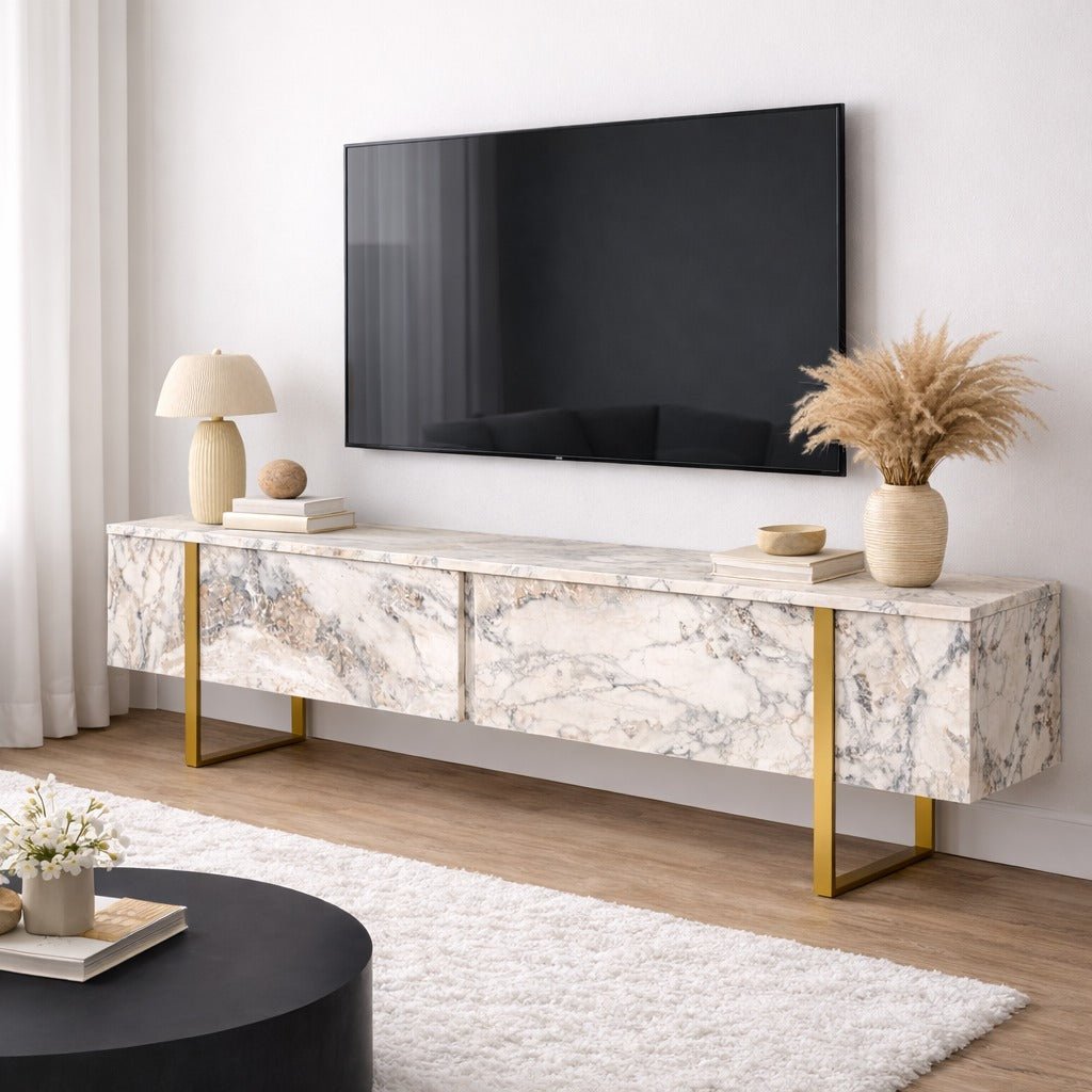TV Cabinet Marble Melamine Golden Frame Blitz 50x180x29.5 cm