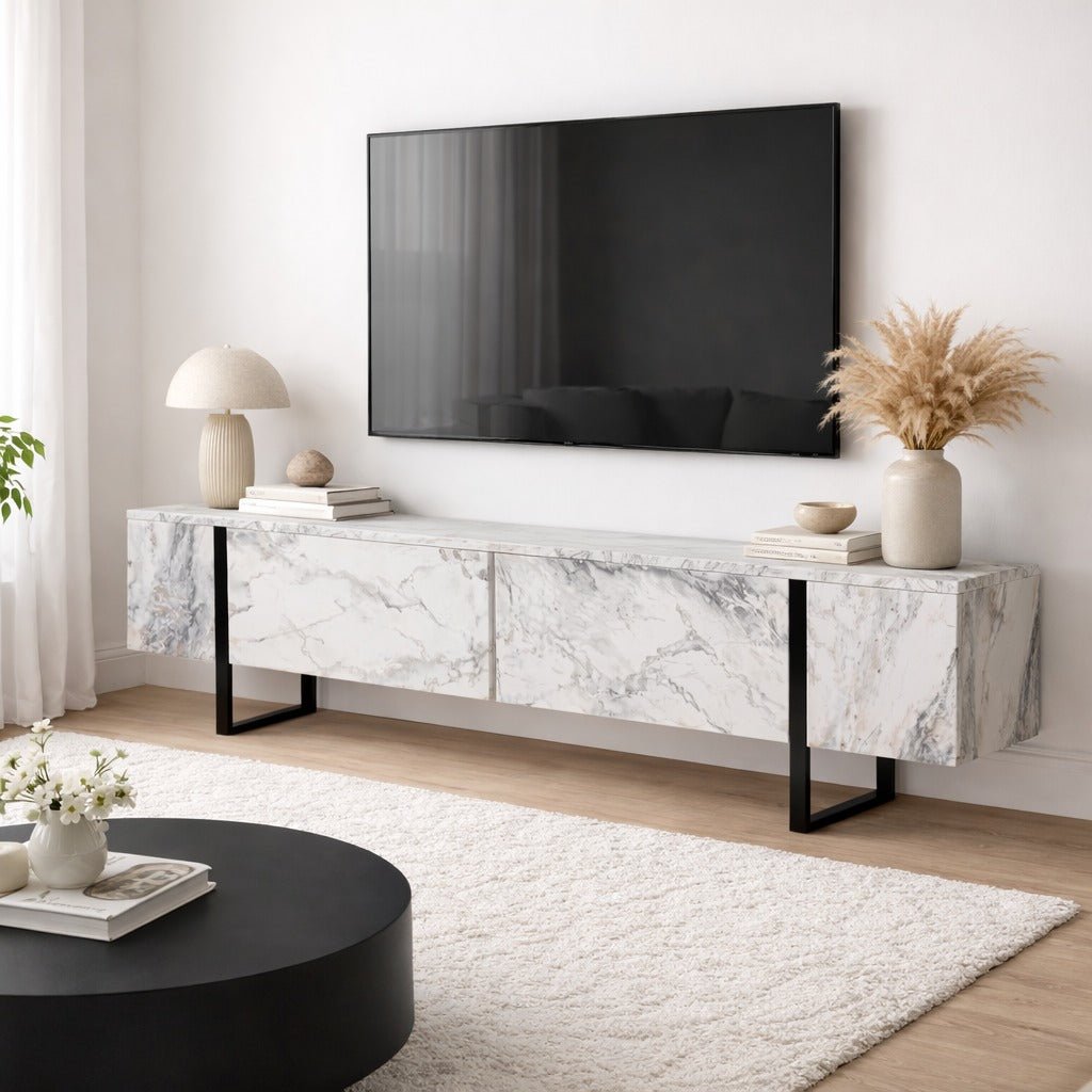 TV Cabinet Marble Melamine Black Frame Blitz 50x180x29.5 cm