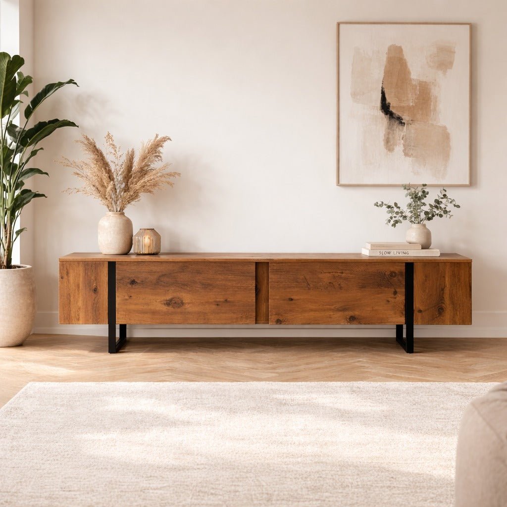 TV Cabinet Natural Melamine Black Frame Blitz 50x180x29.5 cm