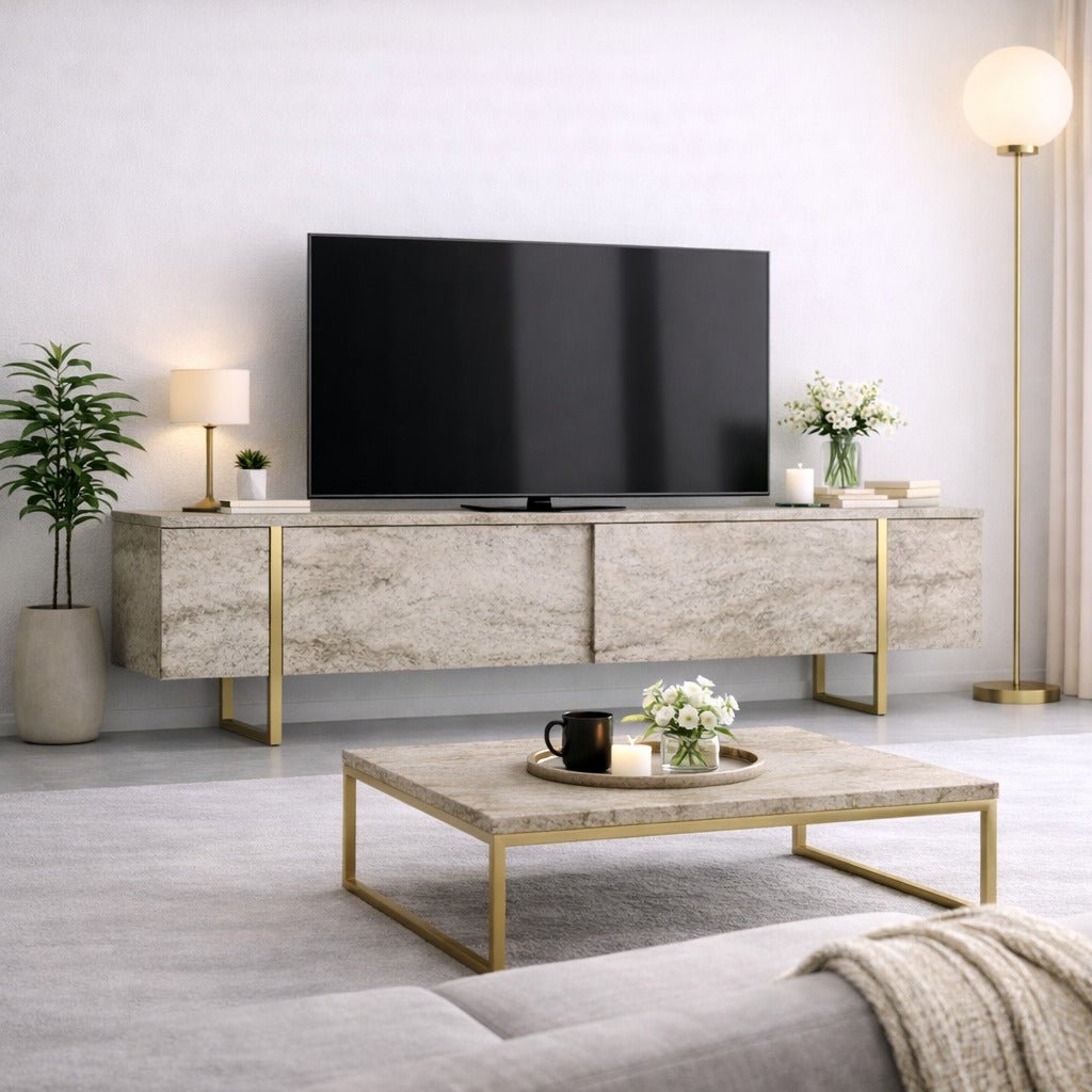 TV cabinet Travertine Luxe 180x50x30 - Gold frame