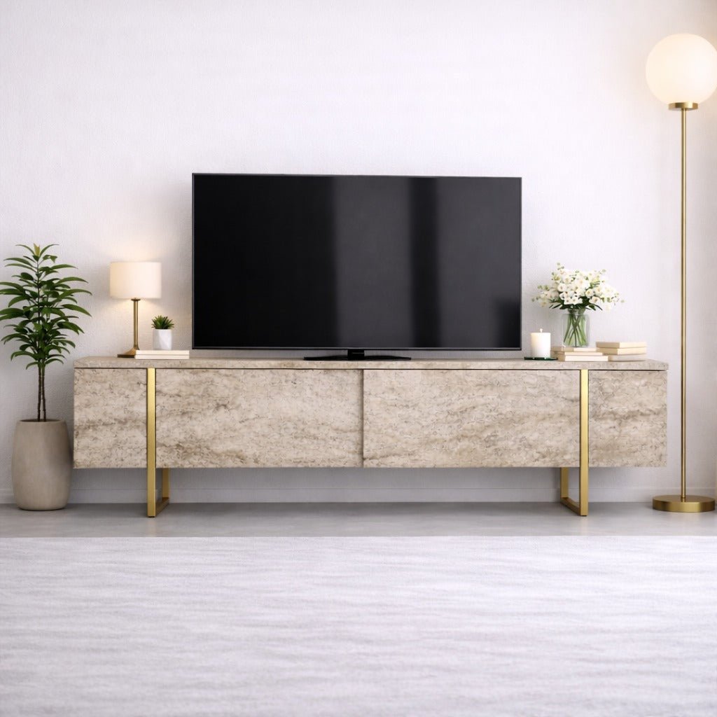 TV cabinet Travertine Luxe 180x50x30 - Gold frame
