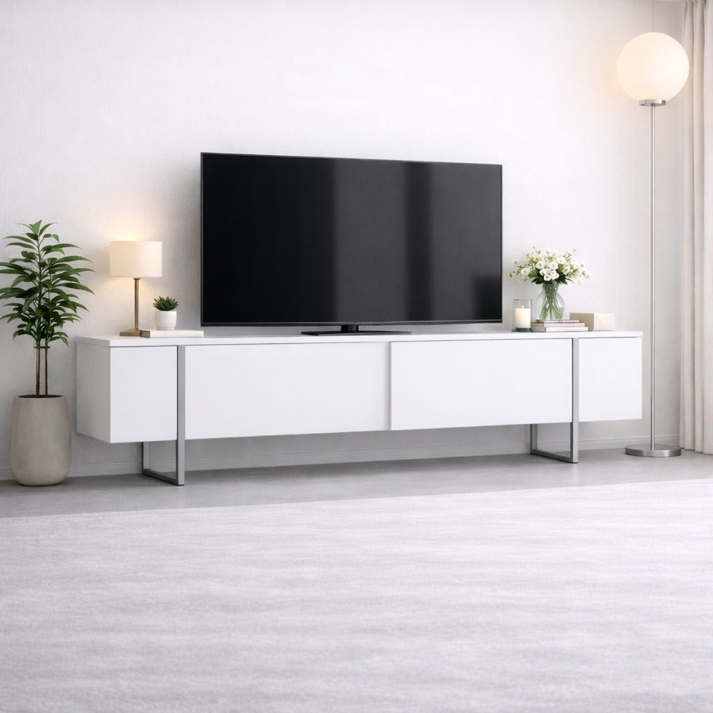 TV Cabinet White Luxury 180x50x30 - Silver Frame