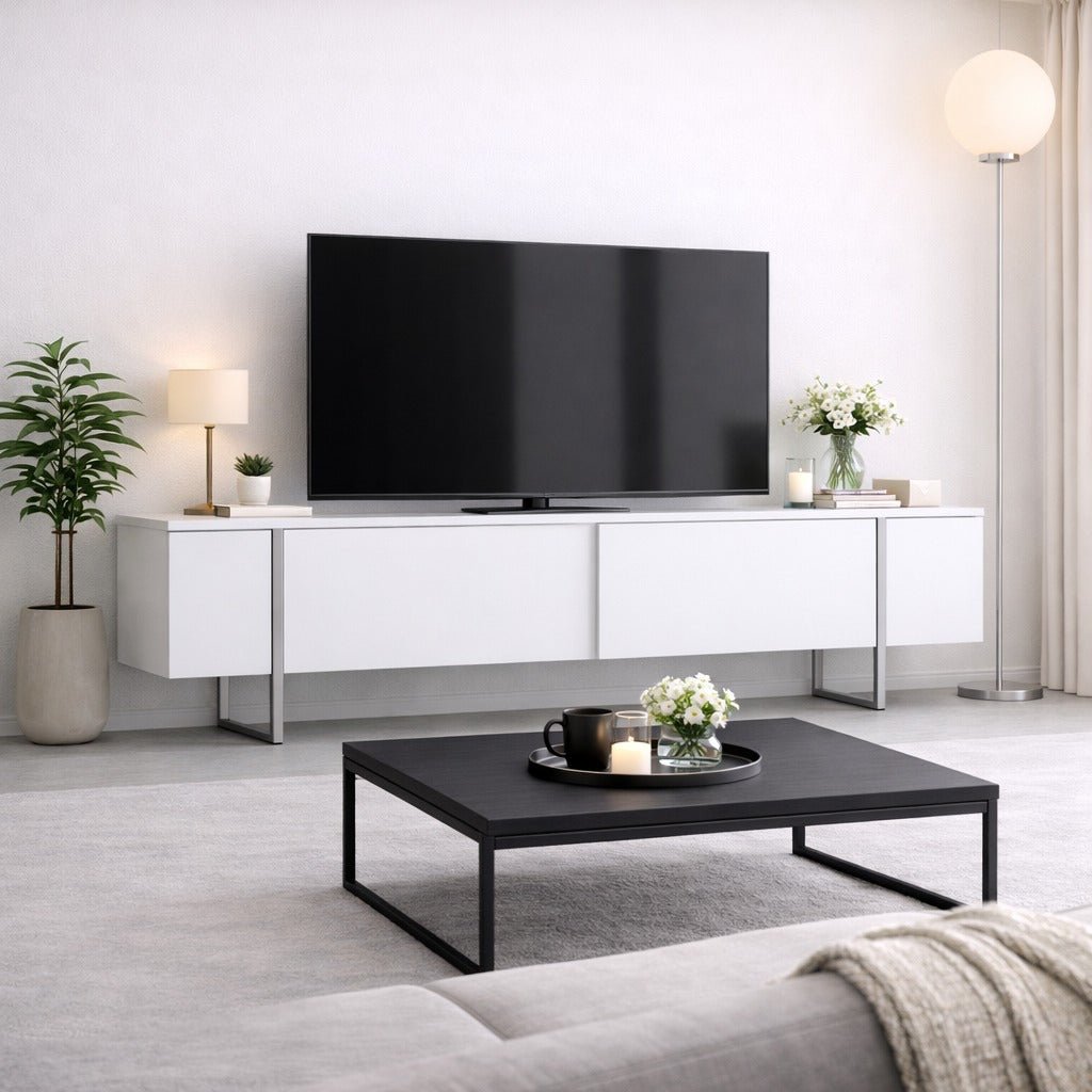 TV Cabinet White Luxury 180x50x30 - Silver Frame