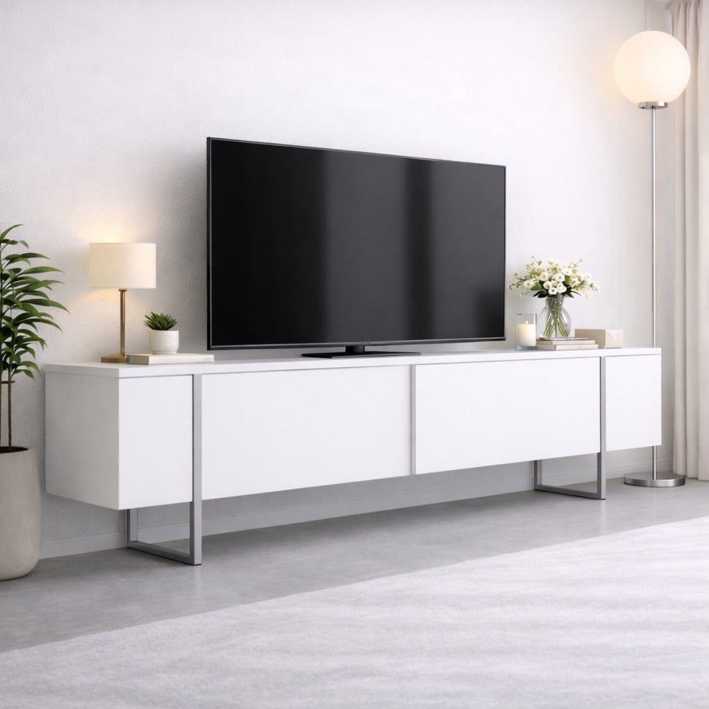 TV Cabinet White Luxury 180x50x30 - Silver Frame
