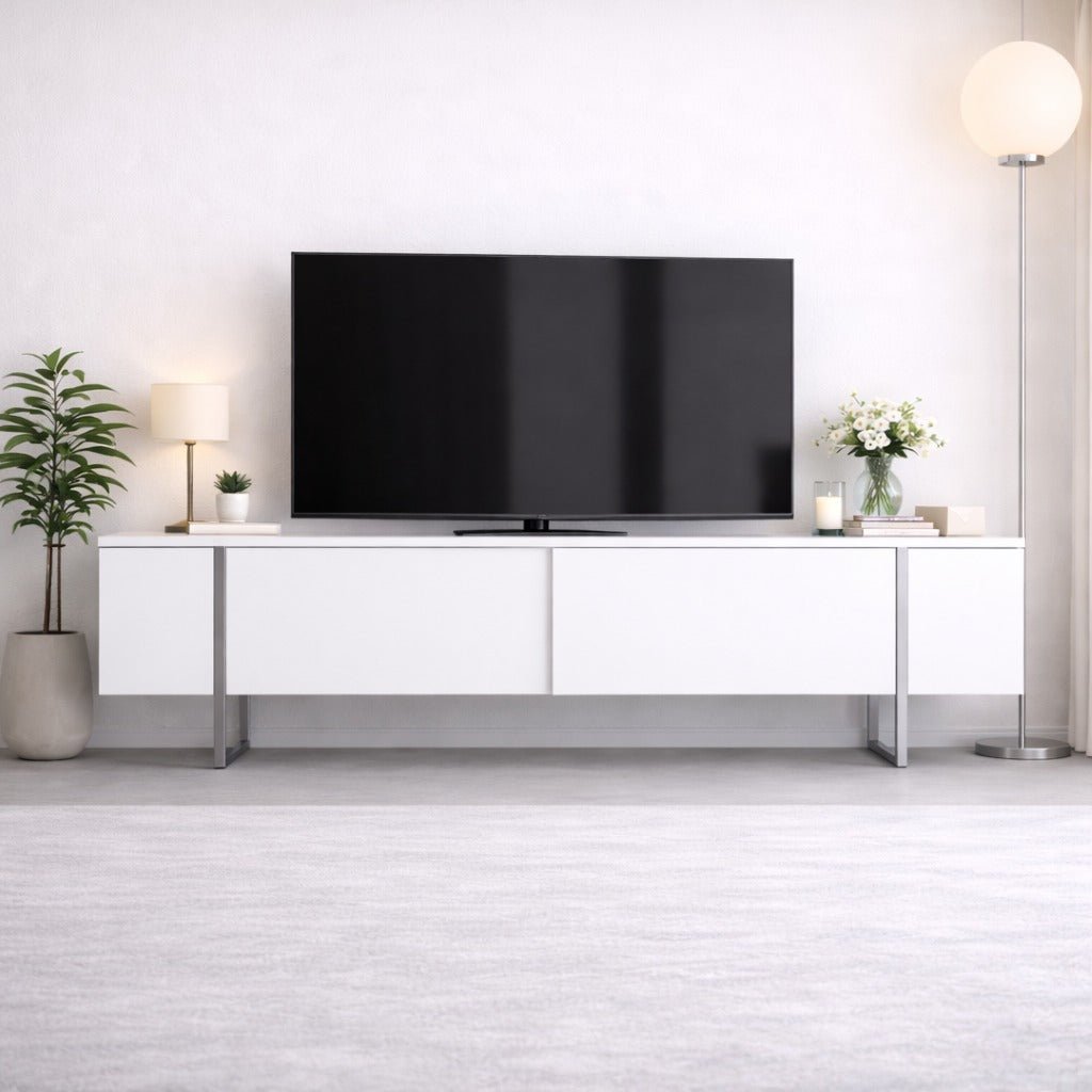 TV Cabinet White Luxury 180x50x30 - Silver Frame