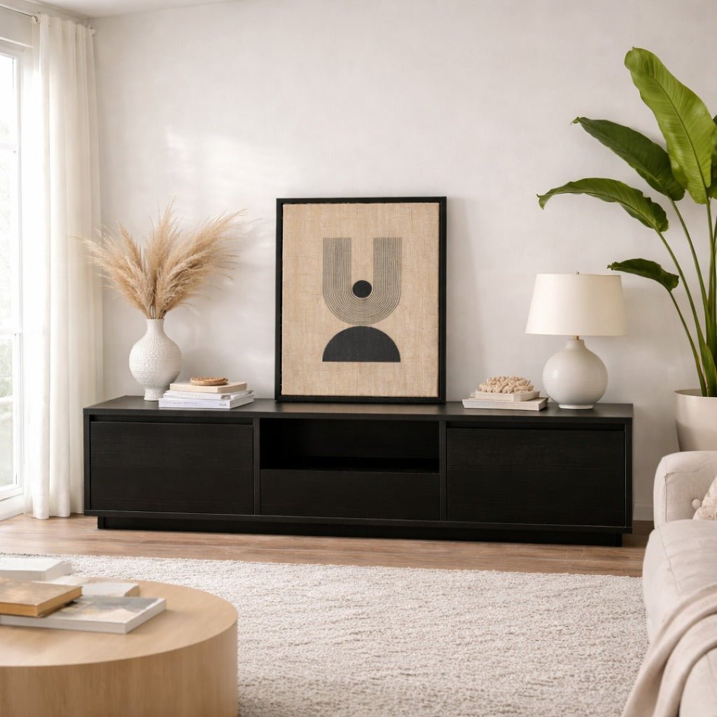 TV Meubels - TV Meubel Zwart Melamine - drie kastjes - 160x42x29,5 cm - Flare - Dimehouse