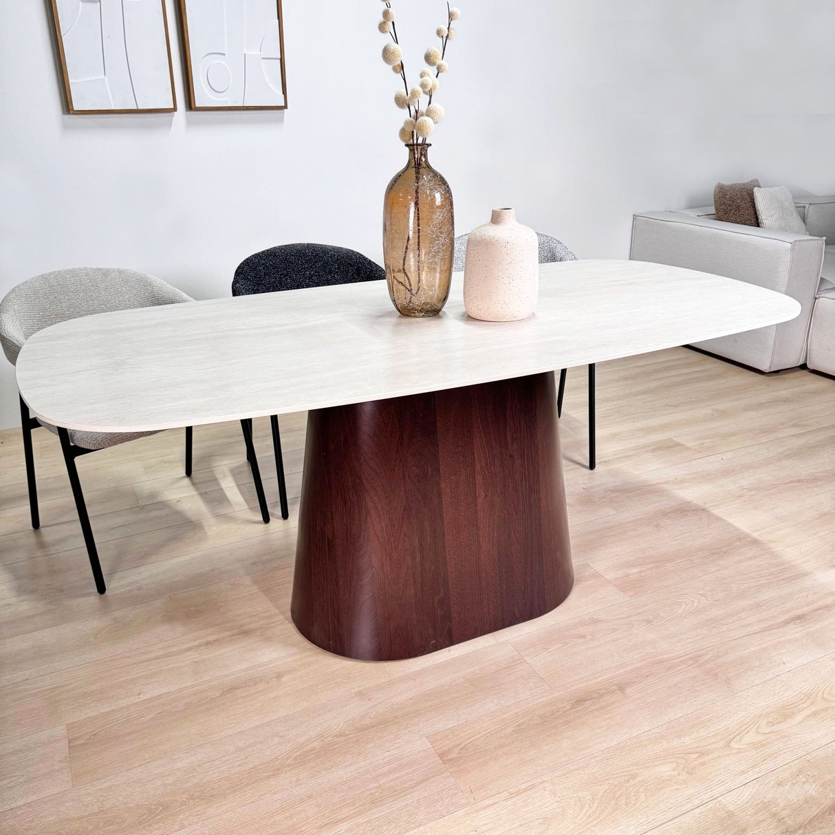 Sintered Stone Marble Look Travertine Dining Table Lea 180x90 cm - Walnut Frame - Danish Oval
