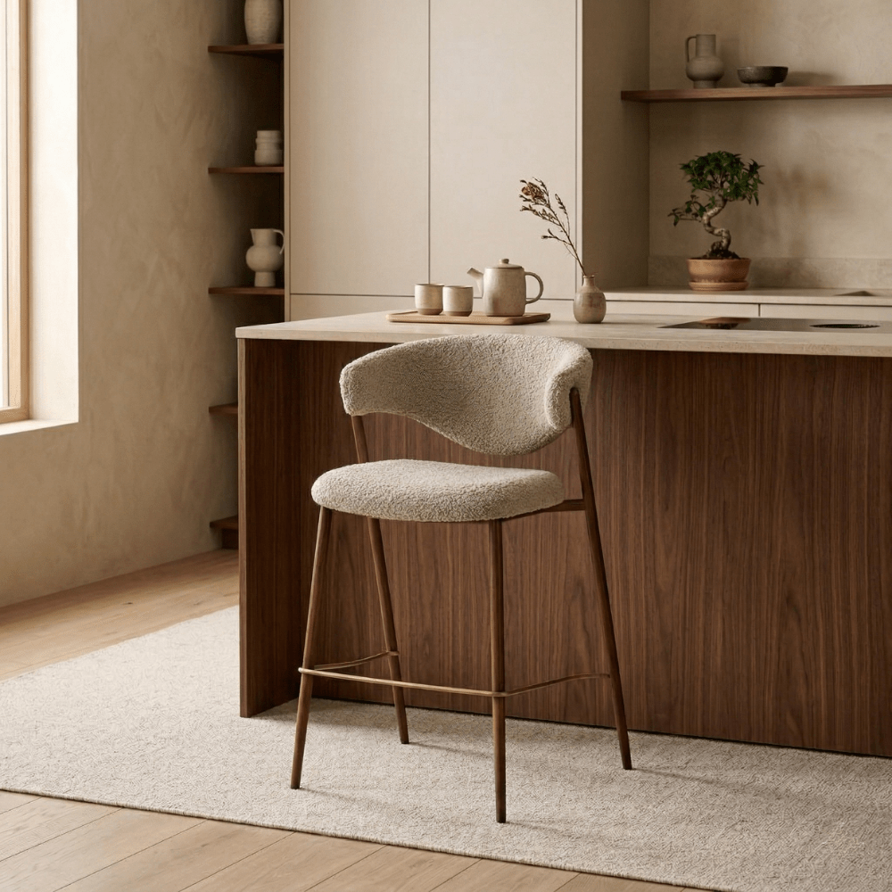 Bar chair bouclé sand color Kaito - walnut look frame - Japandi