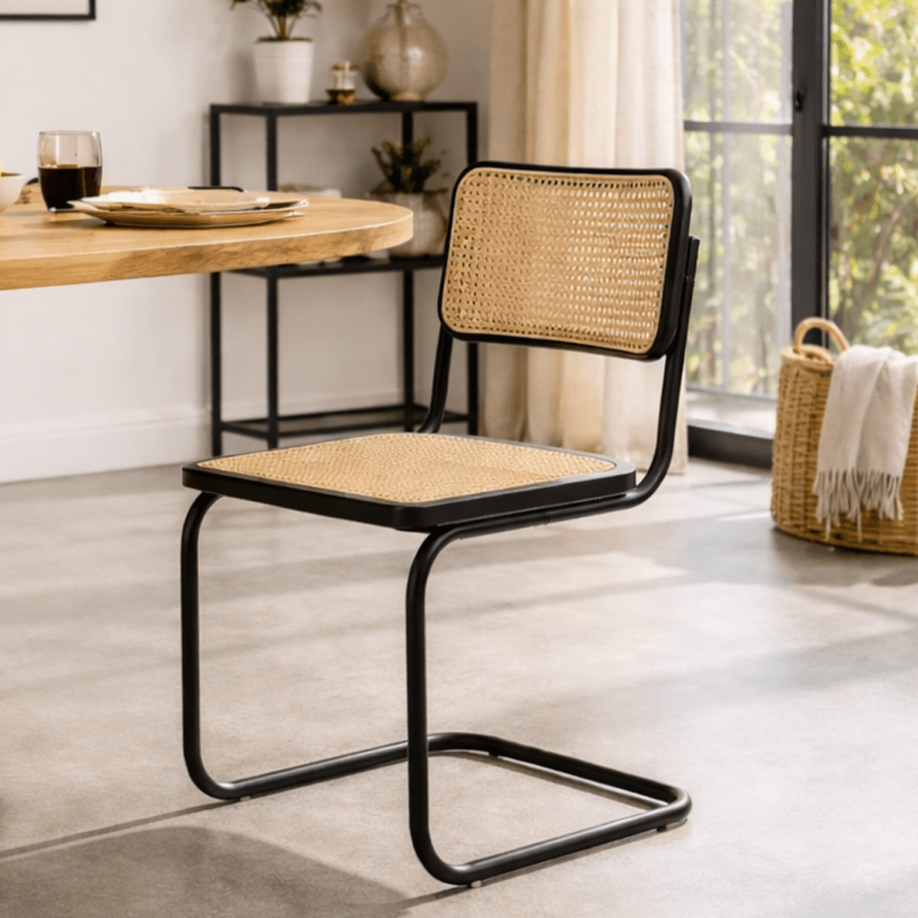 Buisframe eetkamerstoel Vester zwart metaal met bamboe webbing - Zonder Armleuningen