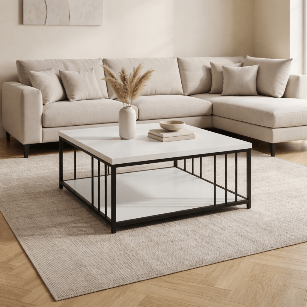 Square Coffee Table White Zenn 90x90 - Black Frame