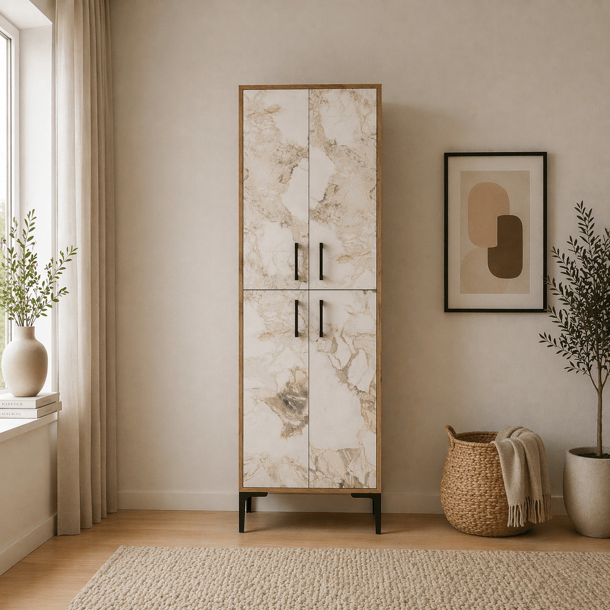Wandkasten - Wandkast Walnoot Wit Marmer Melamine 200x60x35 cm - Berlin - Dimehouse