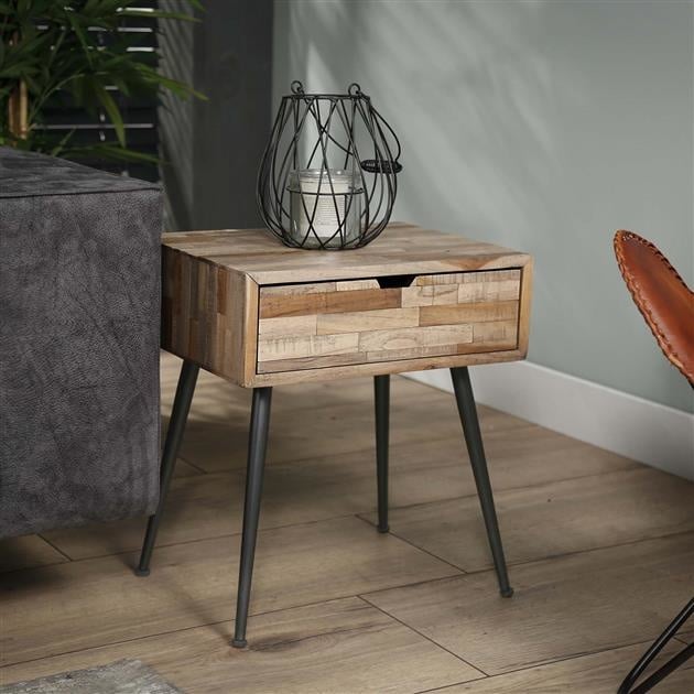 Bedside table Cloë DH Interior Weathered LxWxH 50x40x19 Teak Atmospheric photo diagonal front view