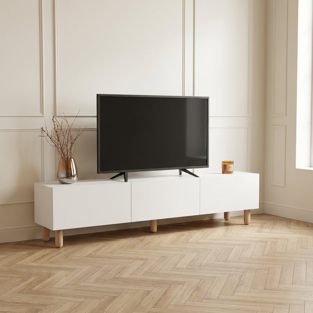 Modern TV Furniture Alvin white with wooden legs 180 cm - AI restyle in minimalist interior with herringbone floor