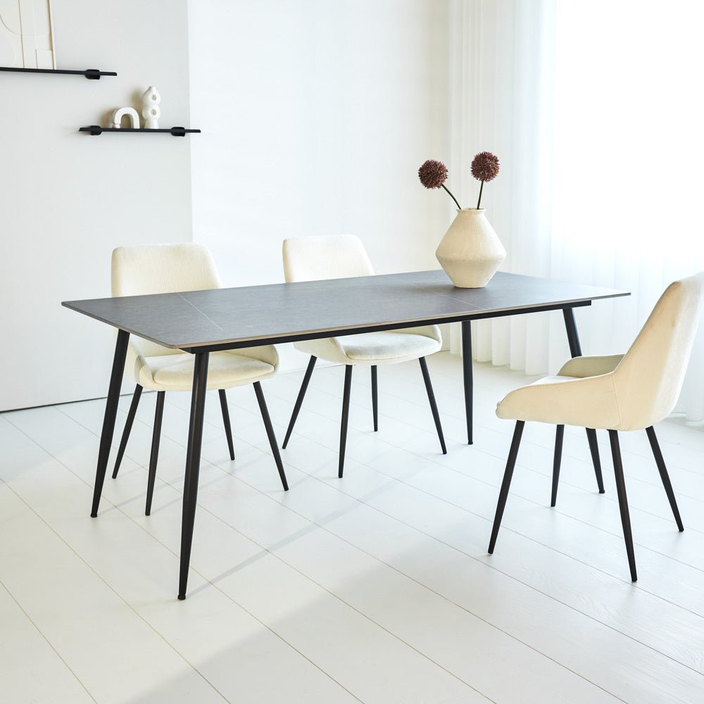 Jules Gray dining table Dimehouse Gray LxWxH 78x27x10 Sintered stone Atmospheric photo diagonal front view