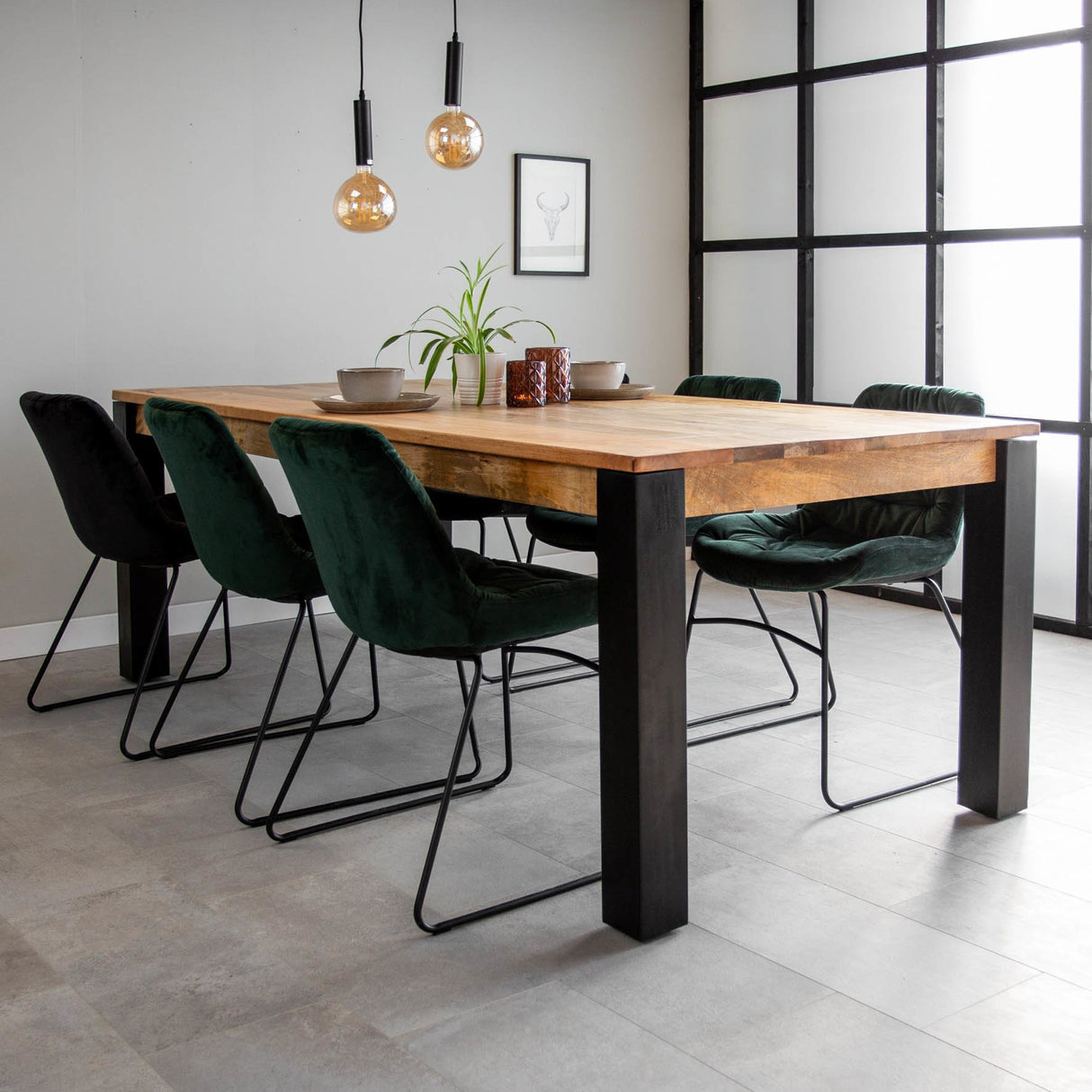 Dining table Kansas Dimehouse Brown LxWxH 206x109x21 Mango wood Atmospheric photo diagonal front view