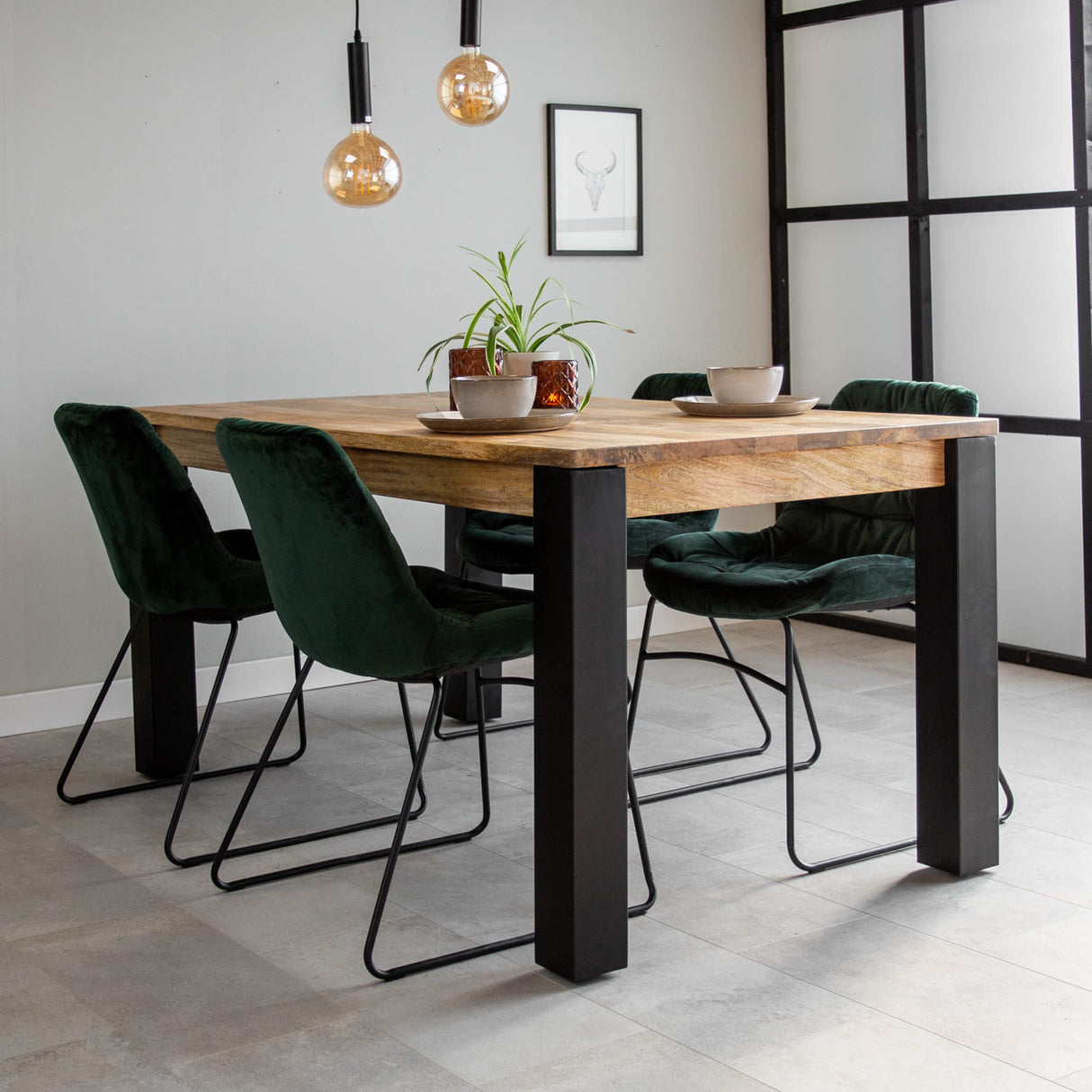 Dining table Kansas Dimehouse Brown LxWxH 187x98x20 Mango wood Atmospheric photo diagonal front view