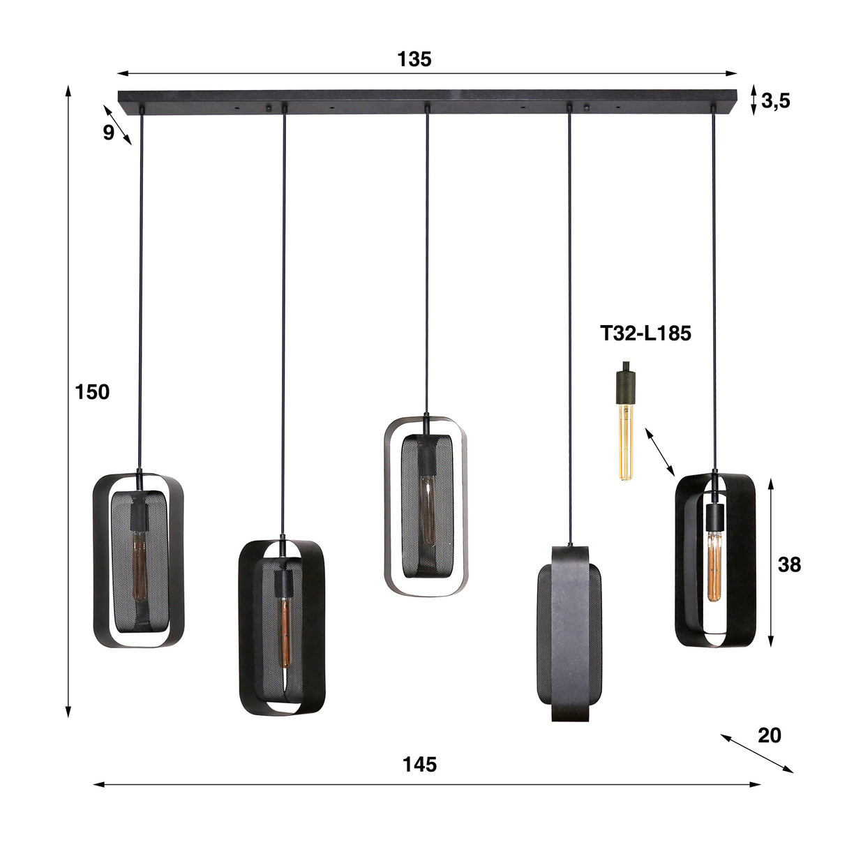 Hanging lamp Jeff DH Interior Black LxWxH 141x51x15 Metal White photo size indication