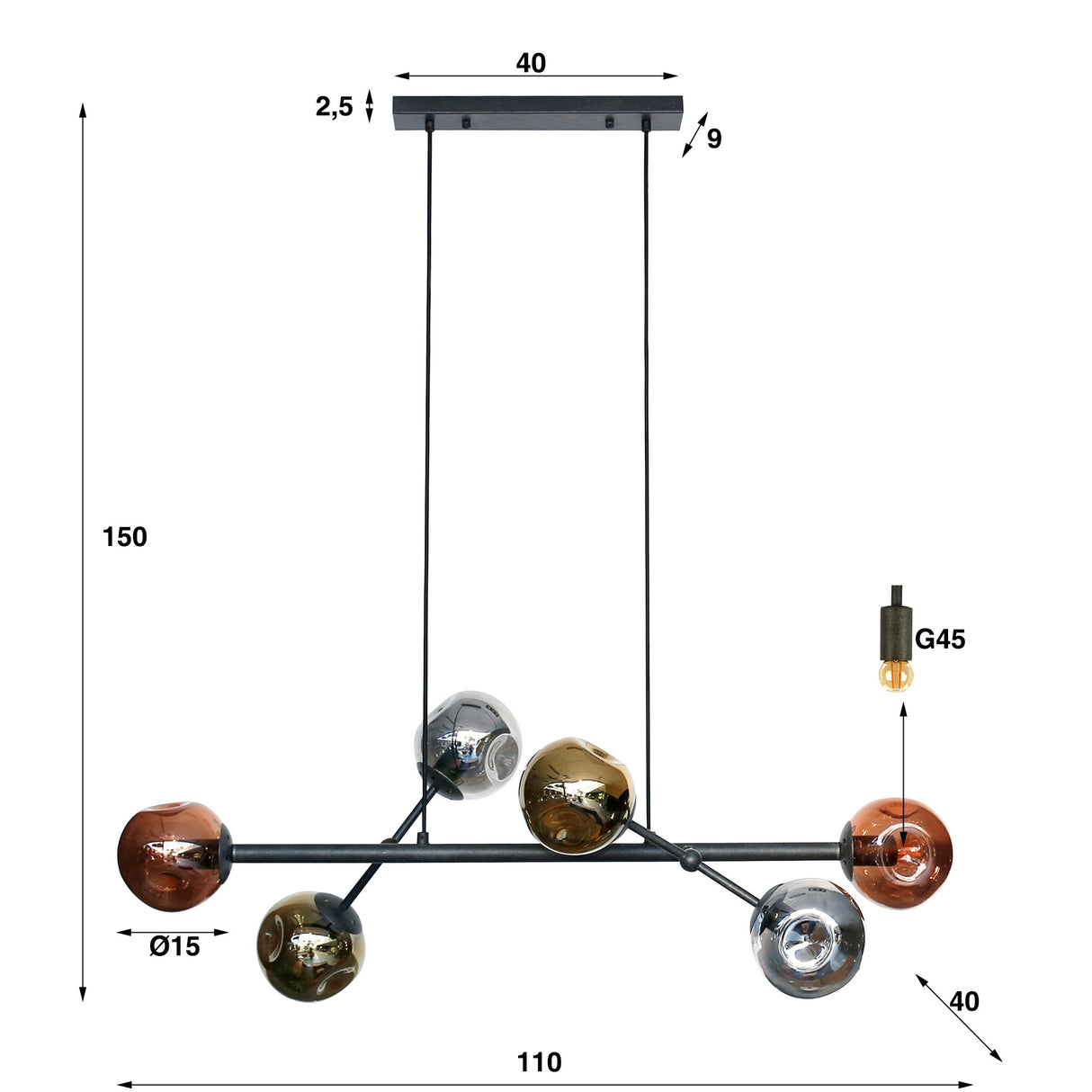 Hanging lamp Kaja DH Interior Black LxWxH 111x50x21 Metal White photo size indication