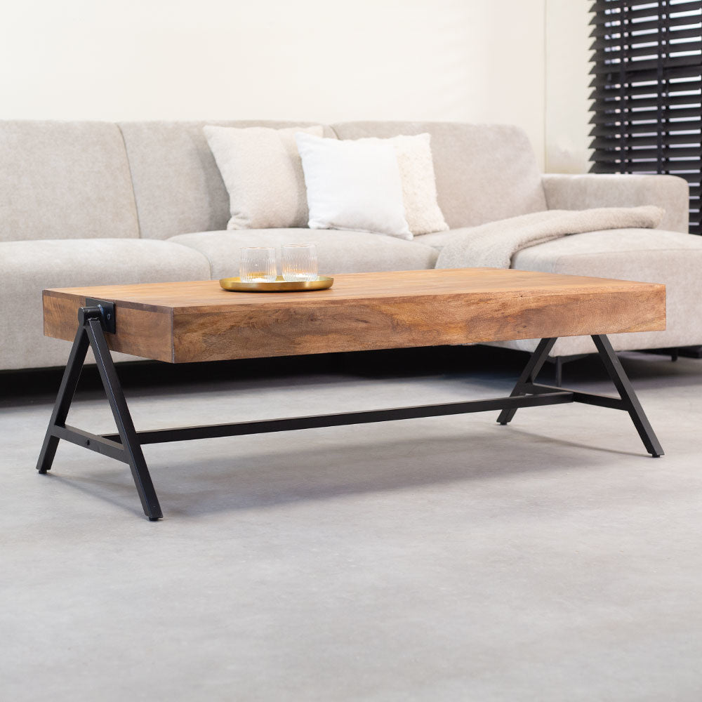 Coffee table Avia Dimehouse Brown LxWxH 125x80x16 Mango wood Atmospheric photo diagonal front view