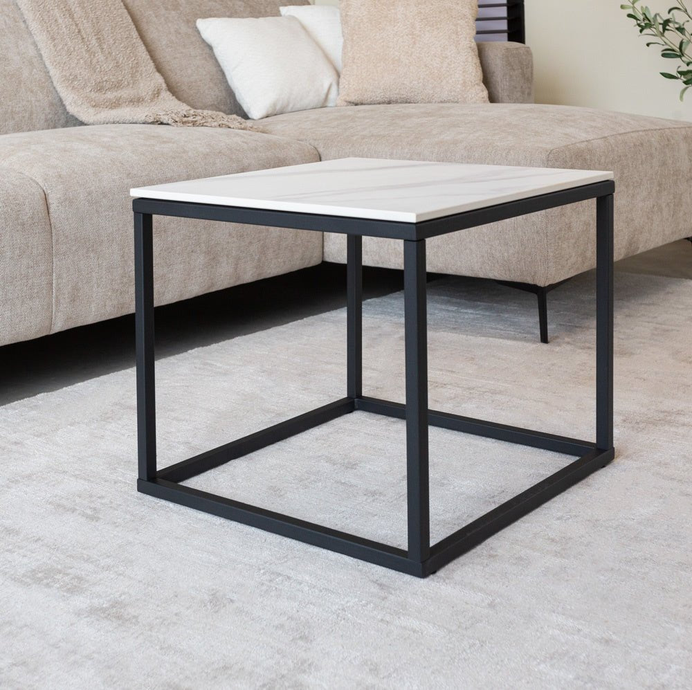 Side table Fien Dimehouse White LxWxH 63x63x10 Sintered stone Atmospheric photo diagonal front view