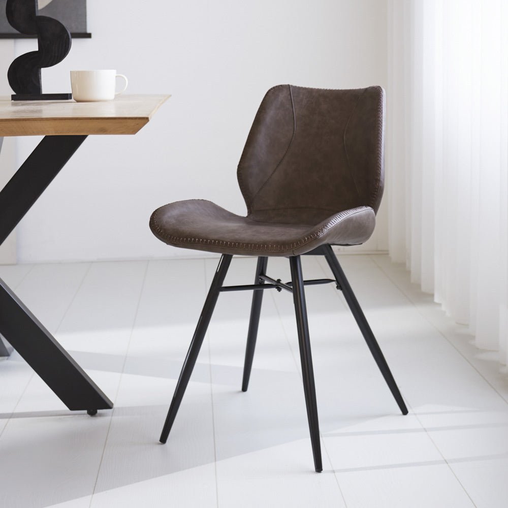 Dining room chair Beau artificial leather Dimehouse Taupe LxWxH 72x68x50 Faux leather Atmospheric photo diagonal front view
