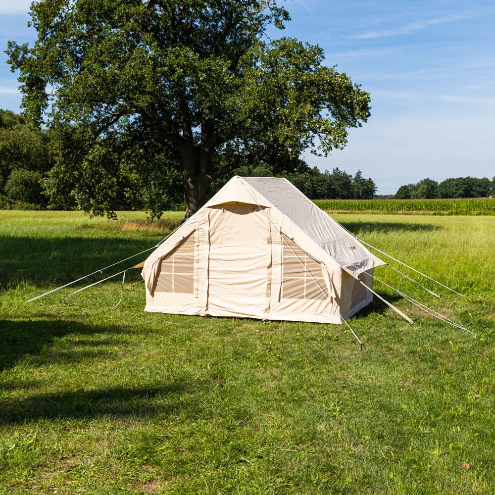 Tent Four person Inflatable Beige 300x200x210 cm Dimehouse Beige LxWxH 75x48x38 Cotton Atmospheric photo diagonal front view