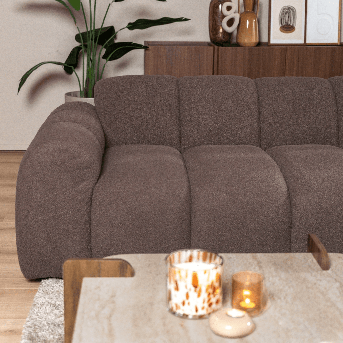 Sofas-Corner sofa with lounge soft brown bouclé fabric - stripes - right - Brix -Dimehouse