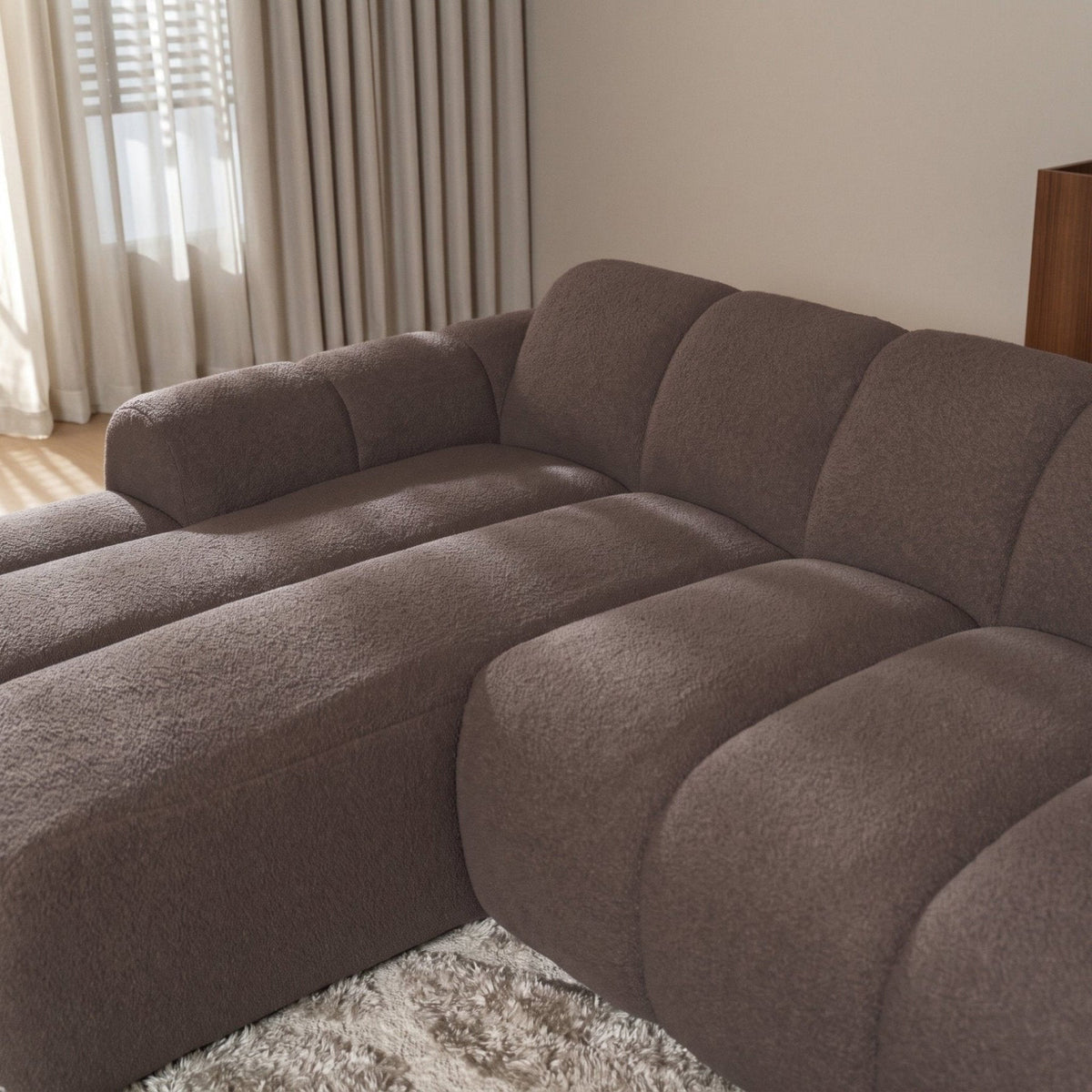 Sofas-Corner sofa with lounge soft brown bouclé fabric - stripes - left - Brix -Dimehouse