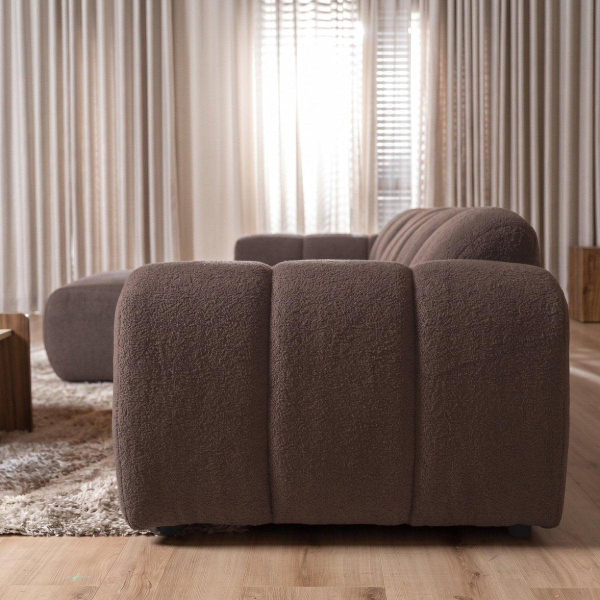 Sofas-Corner sofa with lounge soft brown bouclé fabric - stripes - left - Brix -Dimehouse