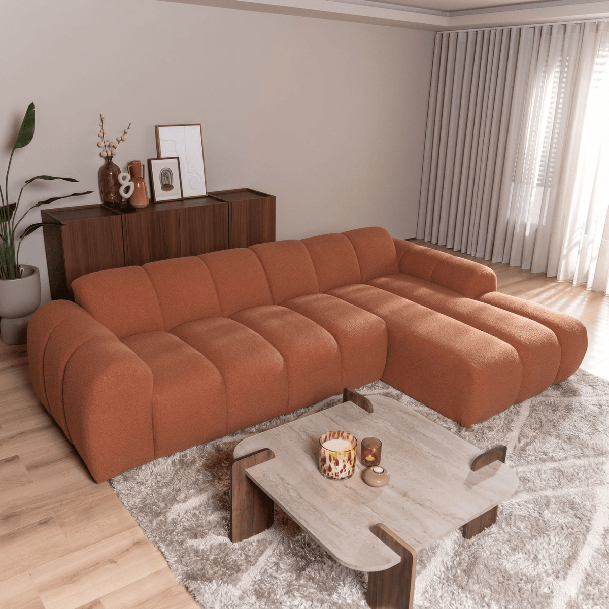 Sofas-Corner sofa with lounge copper bouclé fabric - stripes - right - Brix-Dimehouse