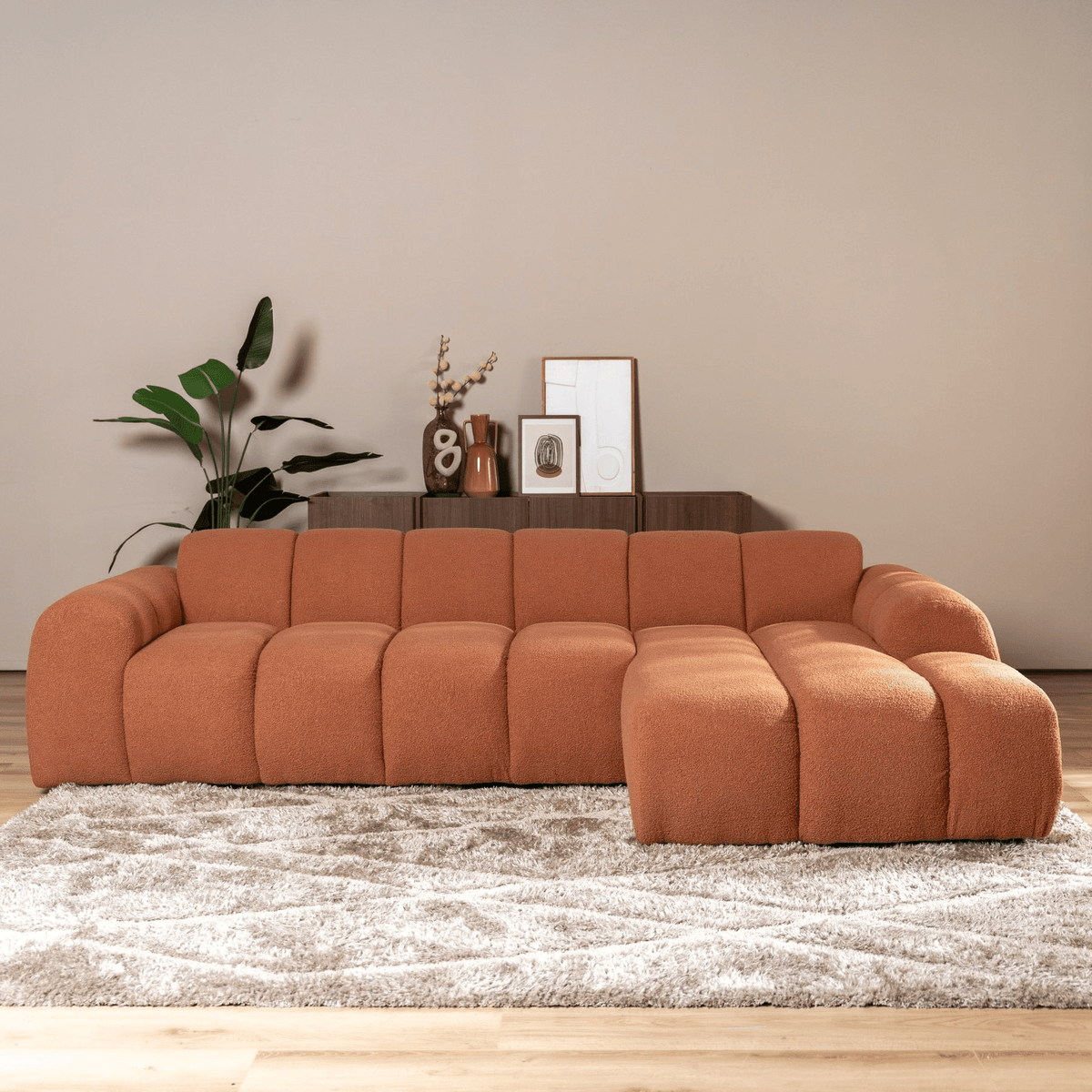 Sofas-Corner sofa with lounge copper bouclé fabric - stripes - right - Brix-Dimehouse