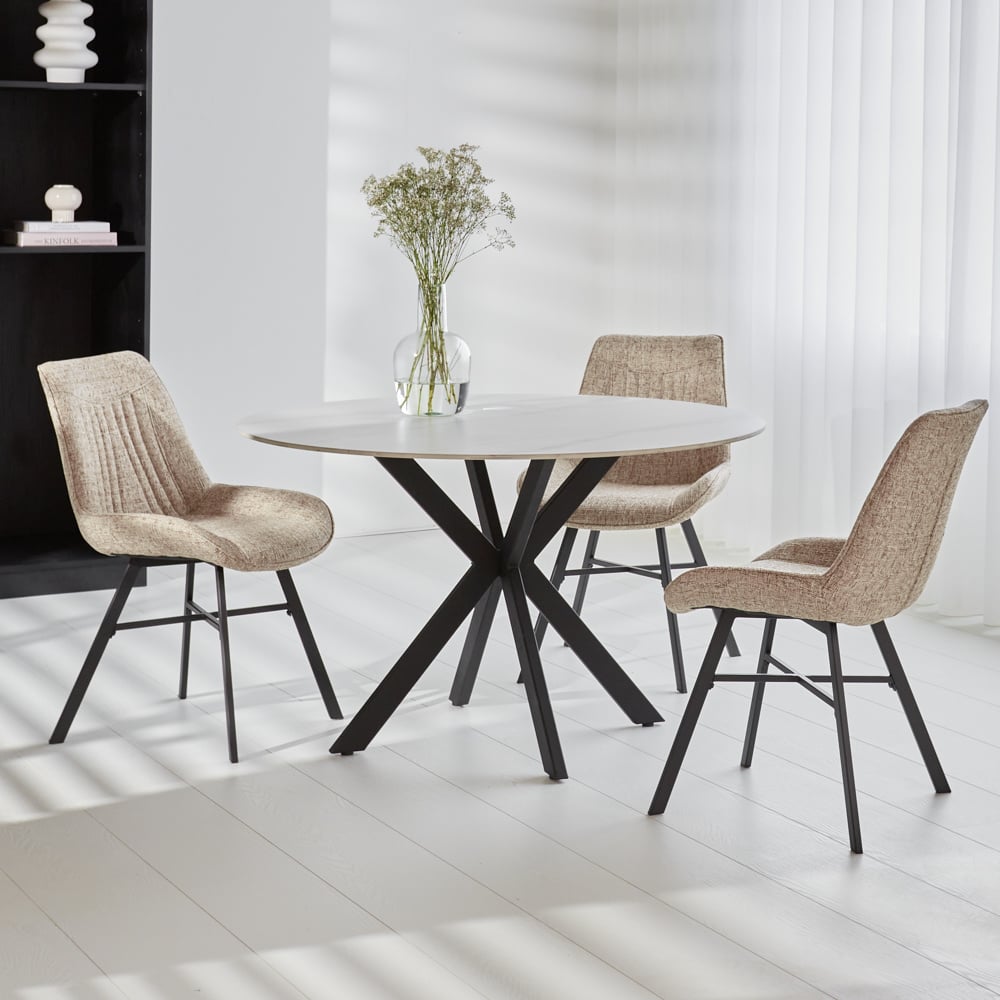Dining table Yuna White Dimehouse White LxWxH 141x141x11 Sintered stone Atmospheric photo diagonal front view