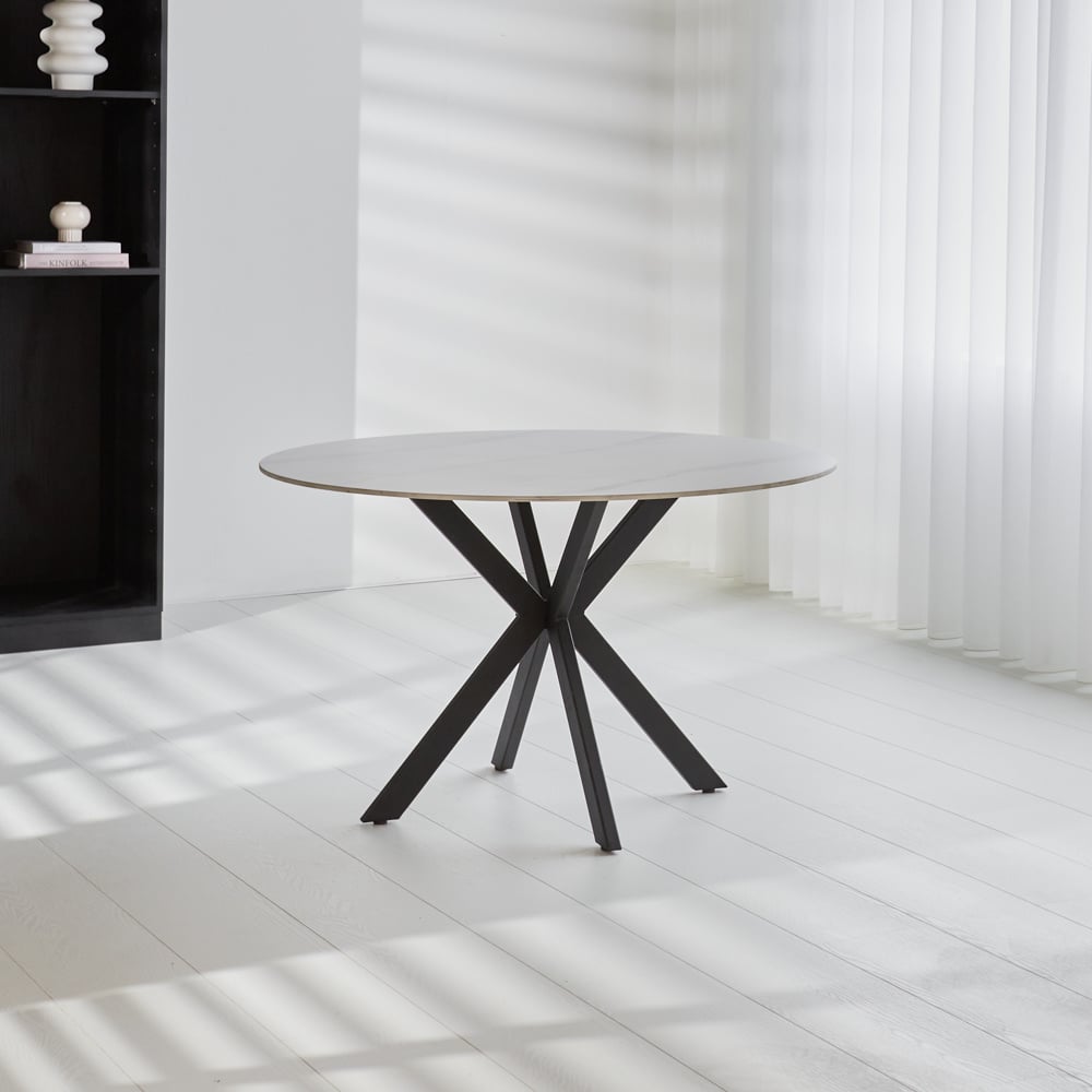 Dining table Yuna White Dimehouse White LxWxH 141x141x11 Sintered stone Atmospheric photo diagonal front view
