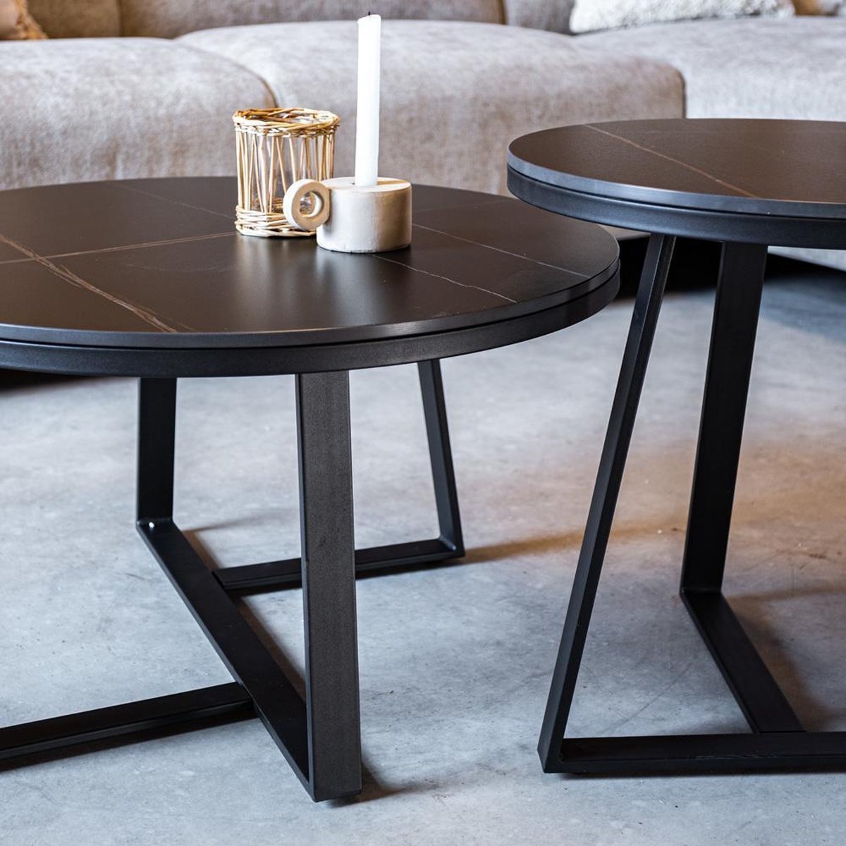 Coffee Table Set of 2 Tanner Round Marble Look Black Round