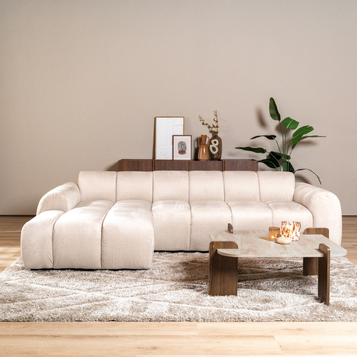 Sofas-Corner sofa with lounge beige velvet textured fabric - stripes - left - Brix-Dimehouse