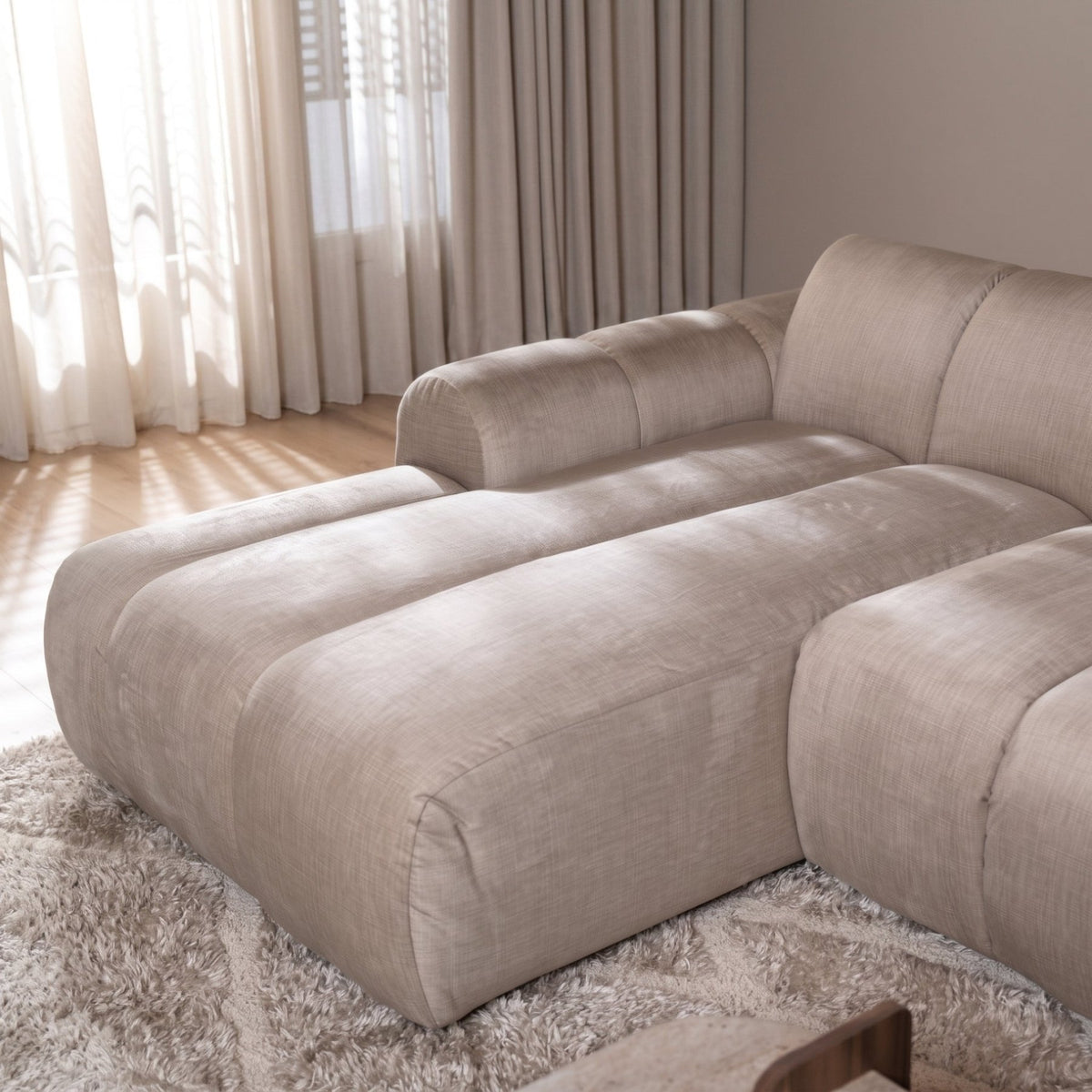 Sofas-Corner sofa with lounge beige velvet textured fabric - stripes - left - Brix-Dimehouse