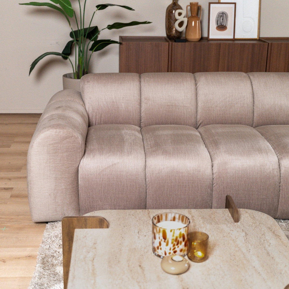 Sofas-Corner sofa with lounge sand velvet textured fabric - stripes - left - Brix-Dimehouse