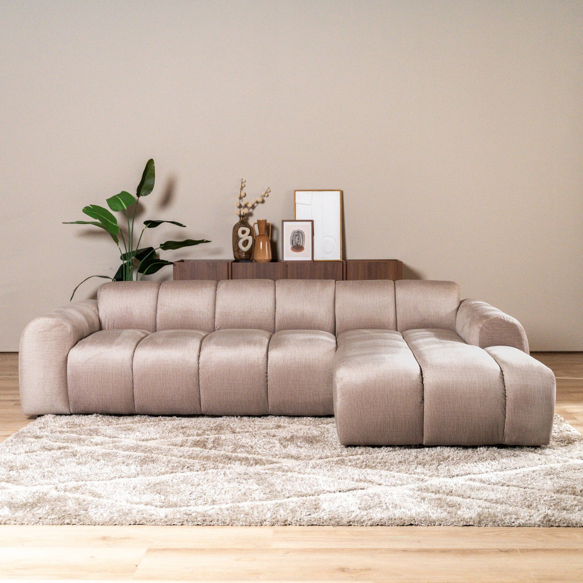 Sofas-Corner sofa with lounge sand velvet textured fabric - stripes - right - Brix-Dimehouse