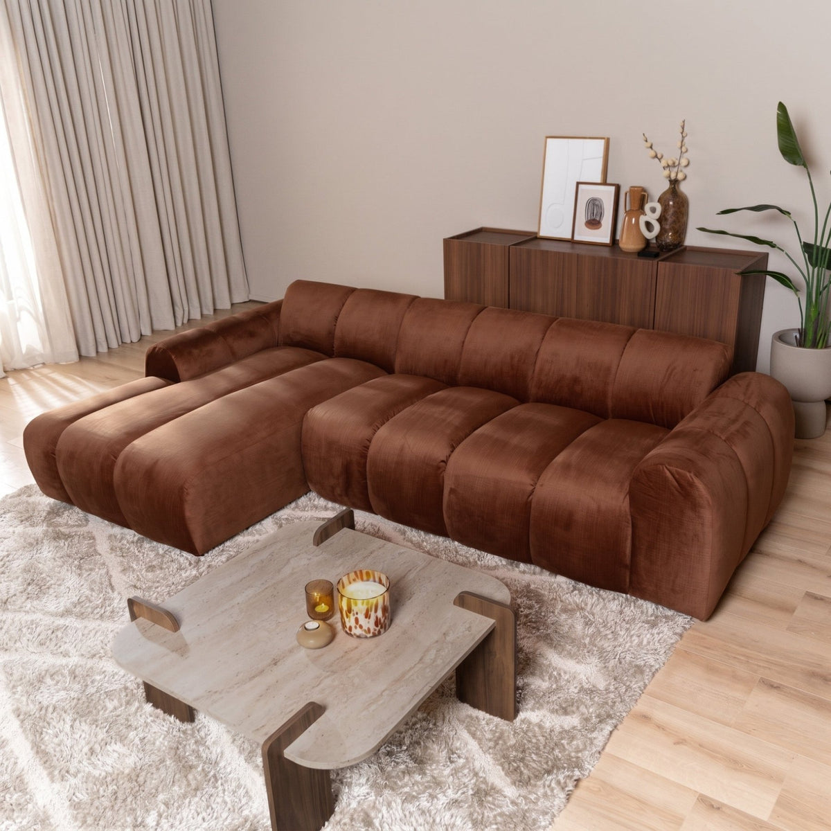 Sofas-Corner sofa with lounge copper velvet textured fabric - stripes - left - Brix-Dimehouse