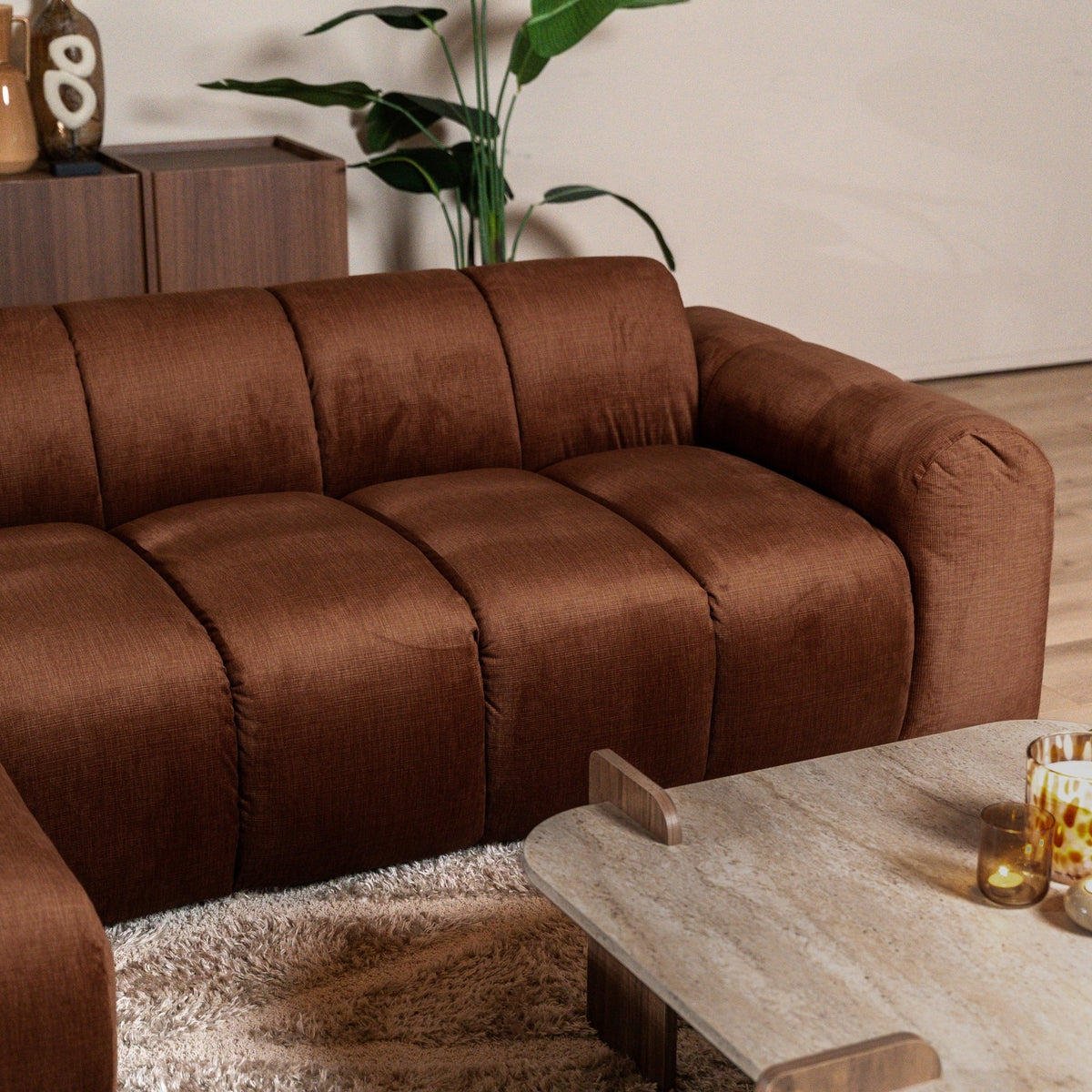 Sofas-Corner sofa with lounge copper velvet textured fabric - stripes - left - Brix-Dimehouse