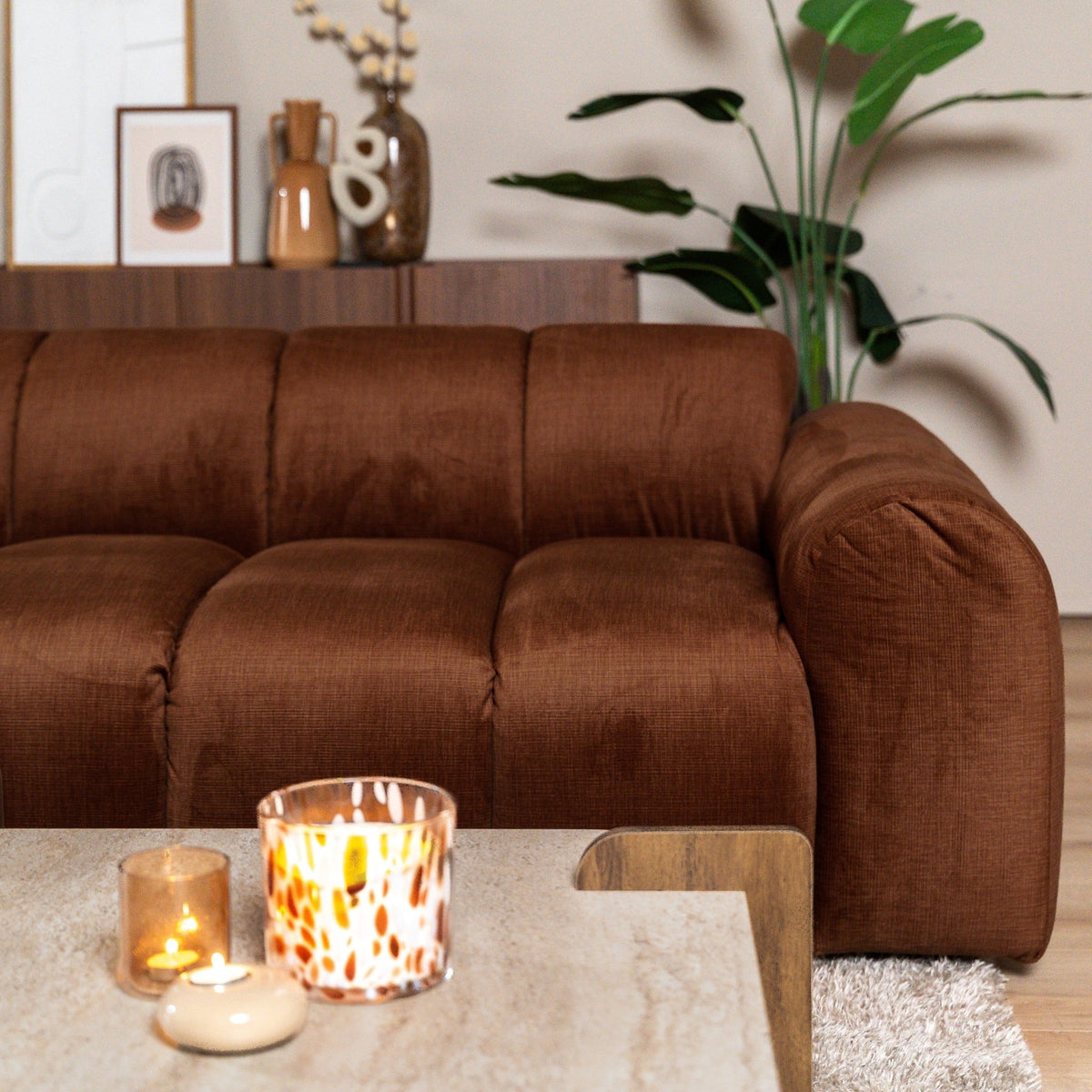 Sofas-Corner sofa with lounge copper velvet textured fabric - stripes - left - Brix-Dimehouse