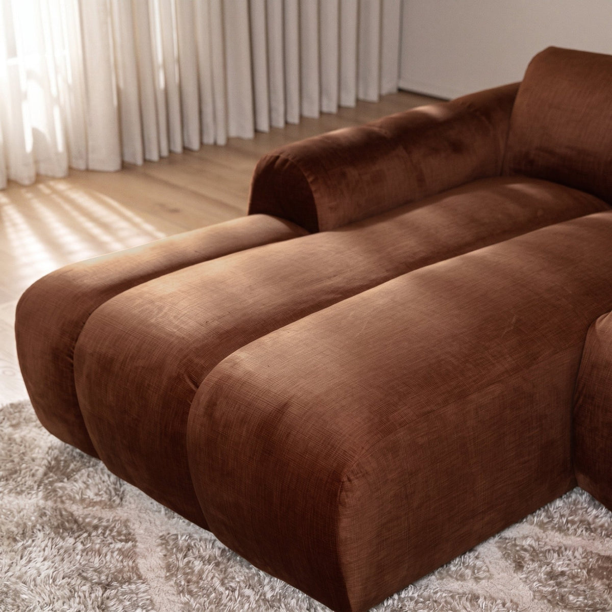 Sofas-Corner sofa with lounge copper velvet textured fabric - stripes - left - Brix-Dimehouse