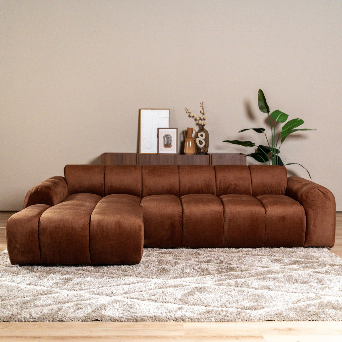 Sofas-Corner sofa with lounge copper velvet textured fabric - stripes - left - Brix-Dimehouse