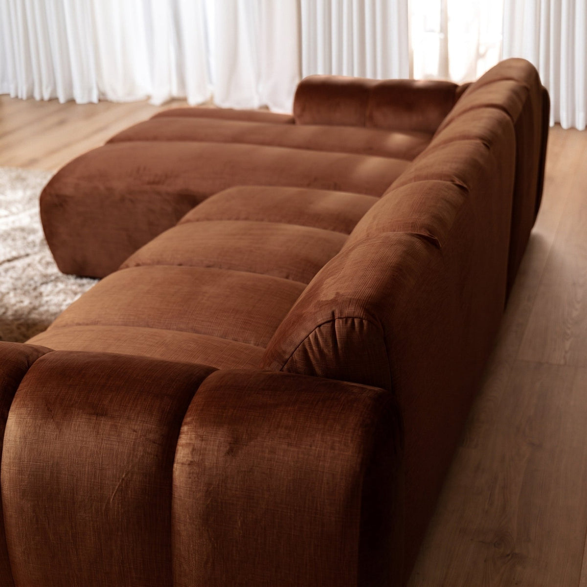 Sofas-Corner sofa with lounge copper velvet textured fabric - stripes - left - Brix-Dimehouse