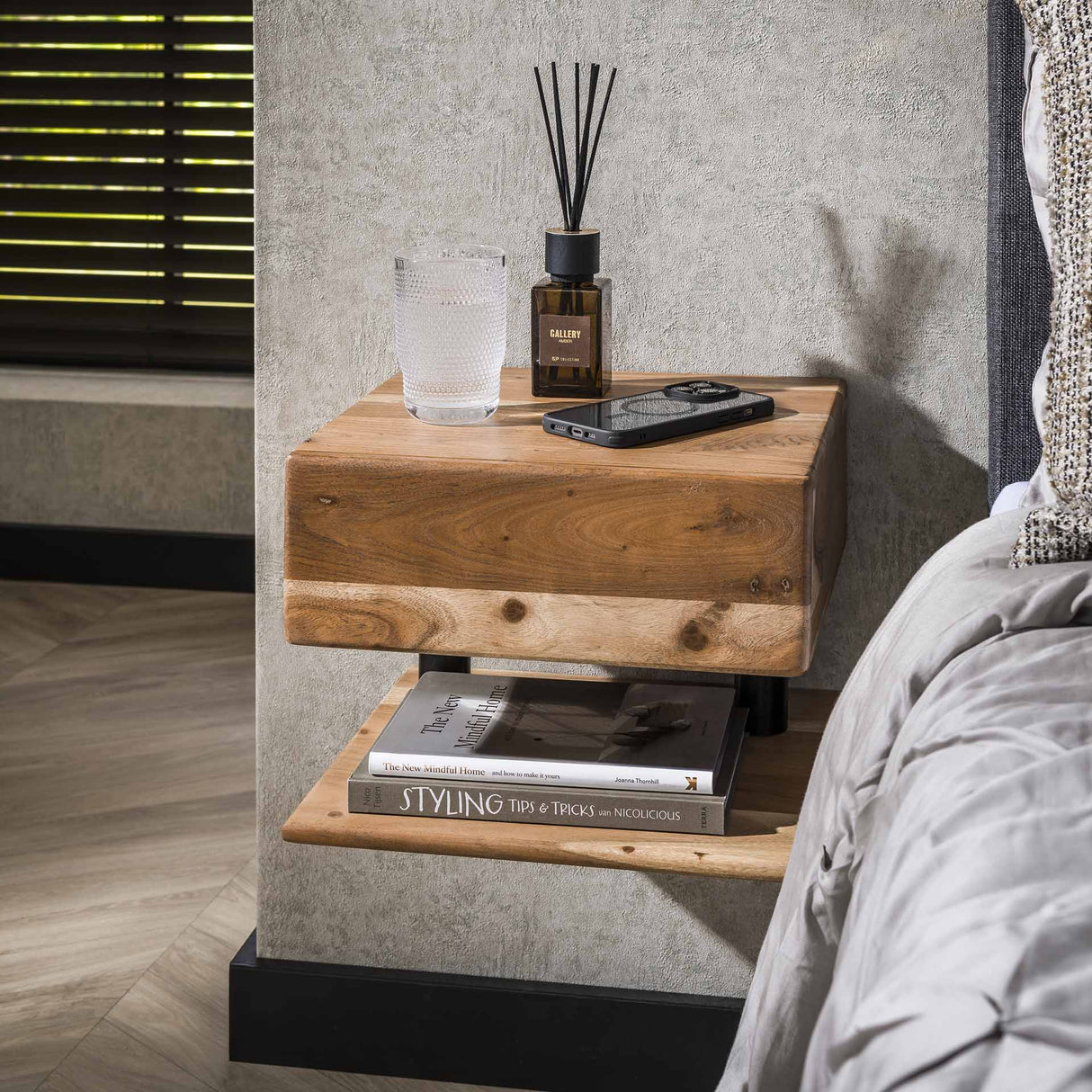 Floating Bedside Table Ian Acacia Wood with Drawer & Shelf