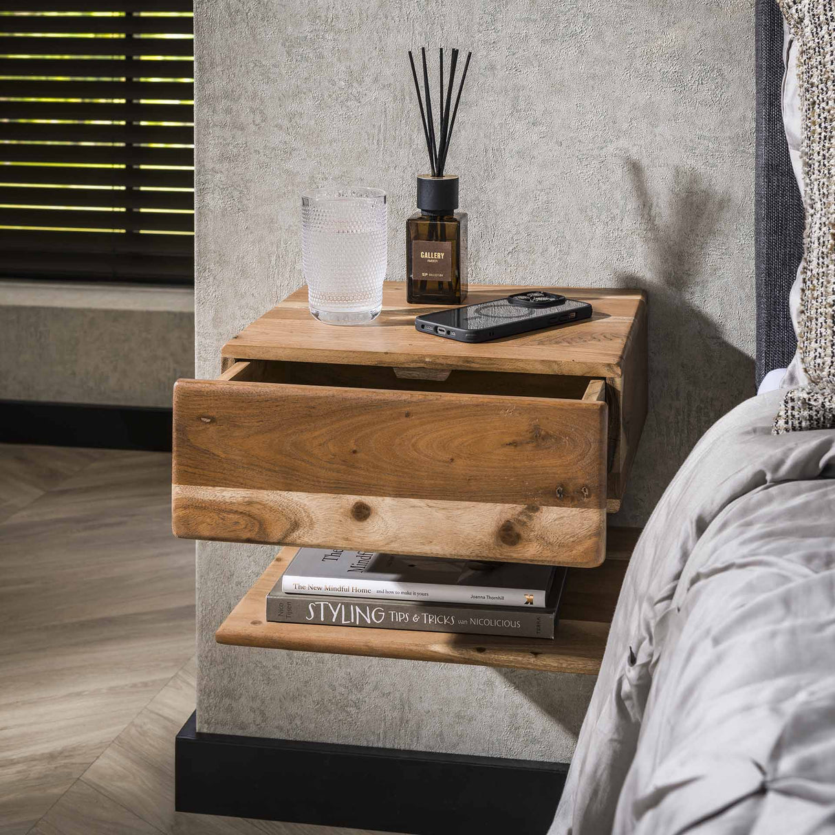 Floating Bedside Table Ian Acacia Wood with Drawer & Shelf