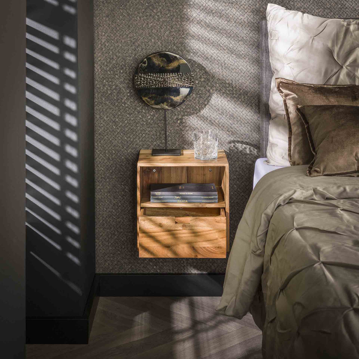 Floating Bedside Tables Set of 2 Ceriel Acacia Wood with 1 Drawer and Open Compartment