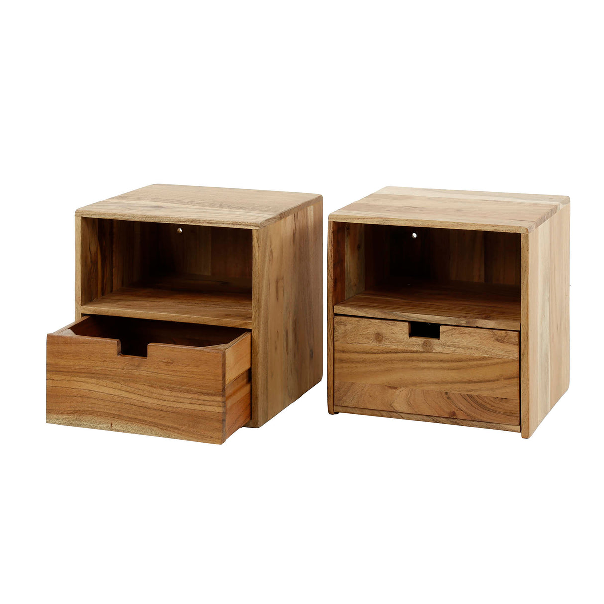 Floating Bedside Tables Set of 2 Ceriel Acacia Wood with 1 Drawer and Open Compartment