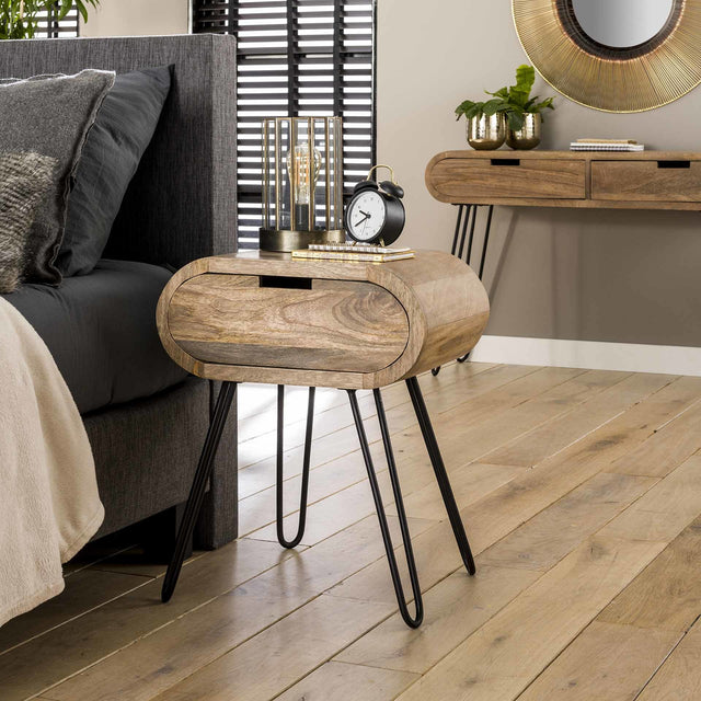 Bedside table Jasmine DH Interior Mango LxWxH 56x41x30 Mango wood Atmospheric photo diagonal front view