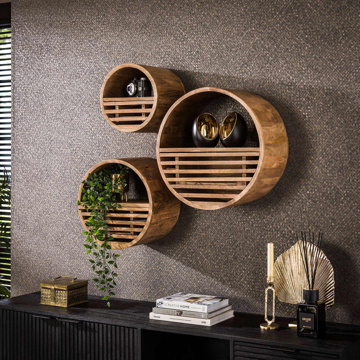 Round Wall Shelve Jerome 1 drawer mango wood sand color